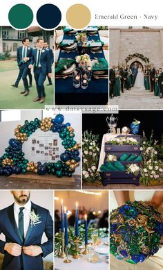 a collage of photos with green and blue wedding colors in the same color scheme