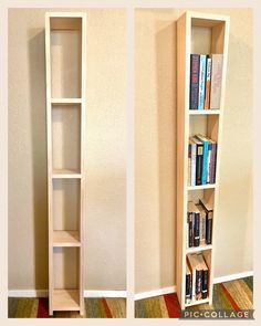 two bookshelves side by side, one is empty and the other is closed