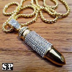 Gold Tone Stainless Steel Iced Out Bullet Pendant Lab Diamonds On Pendant 3mm 24" Round Box Chain Gift Metal Chain Necklace With Iced Out Details, Gift Metal Chain Necklace Iced Out, Iced Out Metal Chain Necklace For Gifts, Gold Bling Chain Necklace As Gift, Gift Iced Out Metal Chain Necklace, Gold Necklace Ideas, Men Chain, Guilty Gear, Round Box