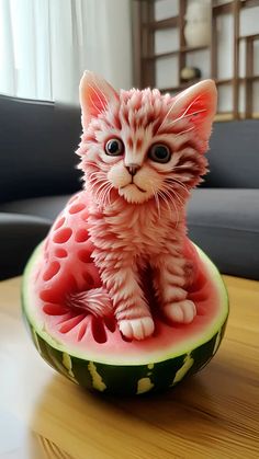 a cat figurine sitting on top of a watermelon