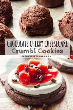 chocolate cherry cheesecake crumbl cookies with white cream and cherries on top