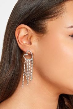 Shop Silver Diamante Heart Tassel Earrings at Yours Clothing. Discover plus size fashion online. Heart Outline, Tassel Drop Earrings, Pamplona, Rhinestone Heart, Silver Accessories, Silver Drop Earrings, Fringe Earrings, Rhinestone Earrings, Shape Design