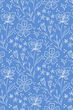 a blue background with white flowers and leaves on the bottom right corner is an outline drawing