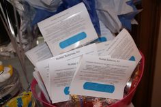 the candy basket is filled with notes and candies for someone to put in it