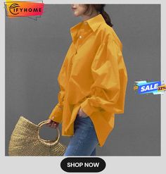 Women's Shirt Blouse Black White Yellow Plain Button Long Sleeve Daily Weekend Casual Shirt Collar Regular Cotton Loose Fit Lantern Sleeve S Oversized Solid Color Collared Blouse, Oversized Collared Solid Color Blouse, Fall Collared Plain Blouse, Plain Collared Blouse For Fall, Yellow Oversized Long Sleeve Blouse, Daywear Solid Color Button-up Tops, Solid Color Button-up Tops For Daywear, Yellow Workwear Tops With Button Cuffs, Button-up Solid Color Tops For Daywear