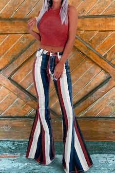 Retro Striped Print Flared Jeans Retro Denim Blue Flares For Spring, Multicolor High Waist Jeans For Fall, Multicolor Stretch Jeans For Fall, Trendy Multicolor High Rise Jeans, Trendy Denim Flares, Stretch Multicolor Jeans For Fall, Fall Multicolor Stretch Jeans, Multicolor Wide Leg Denim Jeans, Trendy Summer Cotton Flares