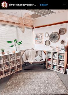 a living room filled with furniture and lots of shelves