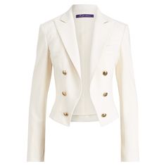 Style: Ralph Lauren Purple Label Womens The RL Spencer Blazer Tag Size: 10 Description: With a lightweight wool blend and signature brass buttons, this cropped jacket is a modern, feminine expression of naval officers' uniforms dating back to the 18th century. Slim fit. Intended to hit at the hip. US size 8 has a 21¾" front body length, a 41" bust, a 15½" shoulder, and a 33" sleeve length. Sleeve length is taken from the center back of the neck and changes ¾" between sizes. Peak lapels. Double-b Pop Clothing, Denim Coat Women, Work Dresses For Women, Lightweight Blazer, Slim Fit Blazers, Blazer Designs, Purple Label, Ralph Lauren Purple Label, Ralph Lauren Collection