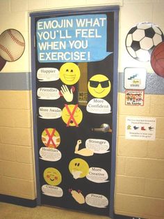 a door decorated with emojin what you'll feel when you exercise