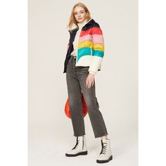 Multicolored nylon (100% Recycled Nylon). Puffer. Long sleeves. Mock neck. Front zipper closure. 24" from shoulder to hemline. Imported. Multicolor Spring Puffer Jacket, Multicolor Puffer Outerwear For Spring, Multicolor Puffer Outerwear For Fall, Fall Multicolor Puffer Outerwear, Multicolor Long Sleeve Puffer Jacket For Spring, Casual Multicolor Winter Puffer Jacket, Multicolor Winter Outerwear With Zipper Closure, Spring Nylon Color Block Outerwear, Multicolor Nylon Outerwear For Fall