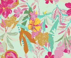 an image of colorful flowers and leaves on a light blue background with pink, green, yellow and orange colors