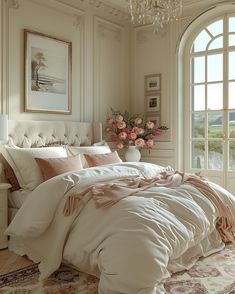 a large bed sitting in a bedroom under a chandelier next to a window