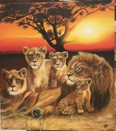 a painting of lions and their cubs in front of a tree with the sun setting