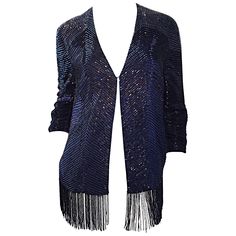 Beautiful vintage navy blue silk glass beaded cardigan! This beauty features all over hand-sewn glass beads, with beaded fringe on the entire hem. The perfect piece to add onto any outfit...gives the perfect finishing touch! Features a single hook-and-eye closure at bust. Looks great left open, too. Perfect with jeans, a skirt, or over a dress. No labels remain, but the quality indicates a high end designer (reminds me of Halston). In great, unworn condition. Fully lined. Approximately Size Medi Fringed Cardigan, Beaded Cardigan, Fringe Cardigan, Cardigan Vintage, Fringe Top, Vintage Cardigan, Blue Cardigan, Cardigan Top, Vintage Jacket