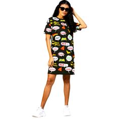 Super Hero Print Straight Fit Very Comfy, Stylish Yellow Short Sleeve Dress With Graphic Print, Yellow Short Sleeve Dresses With Graphic Print, Yellow Dress With Graphic Print And Short Sleeves, Trendy Green Dress With Graphic Print, Summer Streetwear Cotton Dress, Cotton Summer Streetwear Dresses, Casual Black Streetwear Dress, Green Cotton Dress With Graphic Print, Trendy Cotton Graphic Print T-shirt Dress