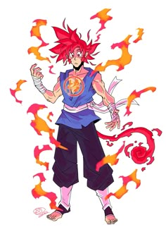 an anime character with red hair standing in front of orange and pink fire spewers