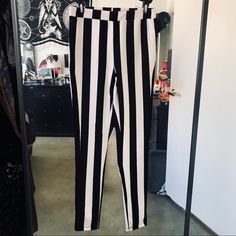 Beetlejuice Style Pants With A 1.5in Wide Sheer Mesh Side Panel Going Up 3/4 Of The Leg. Full Coverage On Rest Of Pants. Soft Material With Some Stretch. Nwt Size: S/M 13.5in Waist With Stretch 15.5in Hip Side To Side With Stretch 28in Inseam 37in Waist To Cuff Trendy Fitted Black And White Bottoms, White Stretch Retro Pants, Retro White Stretch Pants, White Stretch Y2k Bottoms, White Retro Stretch Pants, Beetlejuice Style, Gym Pants With Side Stripes In Black, Low Rise Black Striped Pants, Monster High Pajama Pants