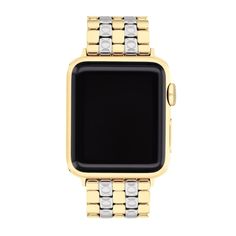 Add detail to your look with this ladies' Coach two-toned interchangeable band for Apple Watch®. Gold-toned ion-plated and stainless steel five-link design Coach signature etching on the silver-toned links Deployment clasp Compatible with any 38.0, 40.0, and 41.0mm Apple Watches We are an authorized Coach dealer. Apple Watch is a registered trademark of Apple, Inc. Modern Yellow Gold Rectangular Watch Bands, Luxury Yellow Gold Stainless Steel Watch Accessories, Modern Stainless Steel Apple Watch Band For Formal Occasions, Classic Gold Stainless Steel Apple Watch Band, Modern Polished Apple Watch Band For Formal Occasions, Modern Formal Apple Watch Band With Polished Finish, Classic Gold Apple Watch Band With Polished Finish, Classic Gold Polished Apple Watch Band, Modern Yellow Gold Watch Bands With Polished Finish