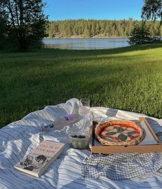 a pizza sitting on top of a blanket next to a book