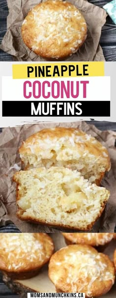 pineapple coconut muffins are cut in half and stacked on top of each other