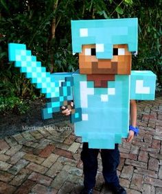 DIY Diamond Armor Minecraft Steve MommyMafia.com Diamond Armor Minecraft, Minecraft Halloween Costume, Steve Costume, Diamond Armor, Minecraft Halloween, Minecraft Stickers, Minecraft Costumes, Minecraft Steve, Diy Minecraft