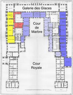 the floor plan for an apartment building with four floors and several rooms in different colors