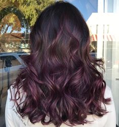 Subtle Purple Hair, Shades Of Burgundy Hair, Purple Brown Hair, Burgundy Balayage, Balayage Hairstyle, Auburn Balayage, Grey Hair Dye