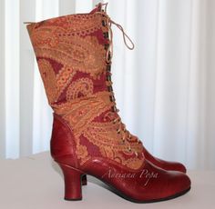 "I CAN DO THIS COMBINATION OF 2 LEATHERS/FABRICS IN ANY COLOUR YOU WOULD LIKE Order your custom made boots for wider feet , strong calf and narrow feet also. This is an individual boot execution. Beautiful Victorian High Heel Boots . Very qualitative jacquard paisley tapestry fabric in cotton and wool and burgundy leather. Are issued by limited series. Model inspired from 1900 boot style. You can get remarkable and not expensive handmade boots. The specified sizes are European. Mid calf height: Victorian Boots With Leather Sole For Fall, Victorian Round Toe Boots For Fall, Victorian Style Round Toe Boots For Fall, Boho Boots Bohemian, Russian Boots, Boots Costume, Bohemian Boots, Retro Boots, Century Shoes