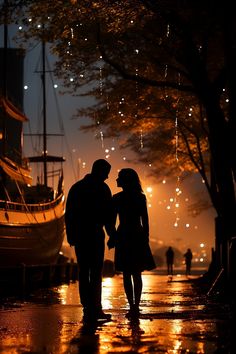 a man and woman walking down the street at night