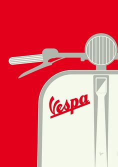 a red and white vespa poster on a wall