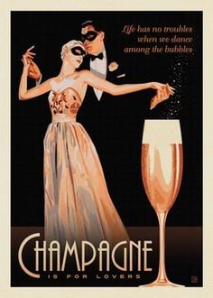 an advertisement for champagne is shown with a man and woman in formal dress holding glasses