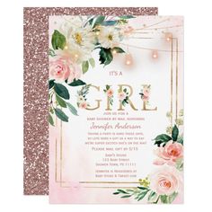 a pink and gold girl baby shower with flowers on the front, it's a girl