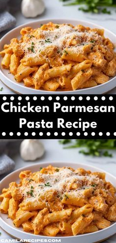 chicken parmesan pasta recipe in two white plates with cheese and parsley on top