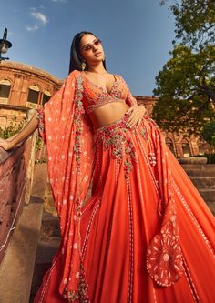 Orange luckhnavi lehenga set in chiffon with resham and kamdani work. Luckhnavi Lehenga, Kalki Fashion Lehenga, Kamdani Work, Lucknowi Lehenga, Fish Cut Gown, Orange Lehenga, Raw Silk Lehenga, Organza Lehenga, Ghagra Choli