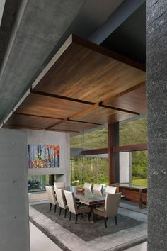 a dining room table and chairs in front of a large window