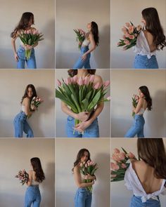 the woman is holding flowers and posing for pictures with her hands on her hips,