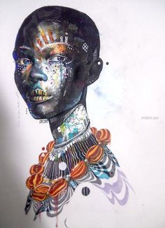 a drawing of a woman's face with different colored designs on her body and neck