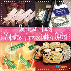 the words quick and easy volunteer appreciation gifts are displayed in different pictures, including honey jars