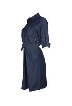 This jean dress is versatile and stylish, with a dark blue color and a midi length cut. The sleeves fall to the elbow, and you can tie the front for a cuter look. The skirt is long and goes to the knee. Styling this piece with a purse or a nice pair of shoes would compliment the dress well. It could be worn for work or even a luncheon. Recycled by Meskita My Closet. Size: M cotton machine wash Chic Belted Denim Dress For Day Out, Knee-length Denim Blue Denim Dress For Fall, Denim Blue Knee-length Dress For Fall, Blue Denim Dress For Fall Workwear, Chic Belted Knee-length Denim Dress, Knee-length Denim Blue Dress For Fall, Elegant Denim Dress With Pockets For Fall, Chic Knee-length Belted Denim Dress, Elegant Knee-length Denim Dress For Work