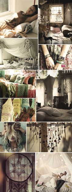 the collage shows many different images of people in bed and living room with curtains