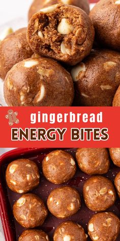 gingerbread energy bites in a red container with text overlay