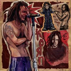 a drawing of a man with long hair and no shirt standing in front of a microphone