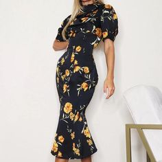 Prettylittlething Black Yellow Floral Midi Dress Women Sz 8 Draped Neck Nwt Elegant Black Midi Dress With Vibrant Floral Designs. Features A Flattering Fit And Puff Sleeves, Ideal For Both Casual And Formal Settings. Midi Length Puff Sleeves Floral Print 100% Polyester Sizes: Uk 12, Us 8, Eu 40 Made In China Wash With Similar Colors New Nwt Pit To Pit 20" Shoulder To Hem 48" Size: Womens 12 Condition: New With Tags Leopard Cocktail Dress, Black Lace Formal Dress, Bandeau Maxi Dress, Orange Midi Dress, Asymmetrical Midi Dress, Cowl Dress, Maternity Midi Dress, Prettylittlething Dresses, Lace Formal Dress