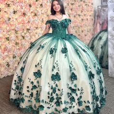 Introducing our stunning 3D Flowers Off Shoulder Tulle Appliques Beaded Pageant Quinceanera Dress. This beautiful dress is crafted from lush green tulle fabric, featuring an elegant off-the-shoulder neckline and sleeveless design. Adorned with intricate appliques and delicate beadwork, it includes a dramatic chapel train and elegant half lace-up and half zipper back. Perfect for a memorable quinceanera celebration, blending grace and glamour effortlessly. Details: Silhouette: Ball-Gown Style Fab Quinceanera Dresses Green, Green Quinceanera Dresses, Off Shoulder Tulle, Quinceanera Themes Dresses, Quince Dress, Green Tulle, Gown Style, Quinceanera Dress, Chapel Train