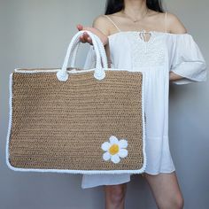 📌 Daisy Tote Bag, Personalized Beach Chamomile Tote Bag 📌 Looking for an extra personal touch? This bag can also be customized with the initial of your choice, making it a truly one-of-a-kind gift or accessory. Simply let us know which initial you would like to add in the personalization section, and we'll take care of the rest! 💡 45 cm x 35 cm x 18 cm (BAG) / 30 cm x 20 cm (PURSE) 💡 17.7" x 13.7" x 7" (BAG) / 11.8" x 7.8" (PURSE) 📌 Dimensions may differ by 1-2 cm depending on the color of Rectangular White Crochet Bag For Vacation, White Square Summer Beach Bag, Summer White Square Beach Bag, White Handheld Crochet Bag For Travel, White Square Crochet Bag For Travel, White Square Crochet Travel Bag, White Rectangular Crochet Bag For Everyday, Everyday White Straw Pouch Bag, Eco-friendly White Square Straw Bag