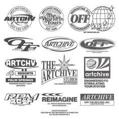 various logos and emblems are shown in black and white