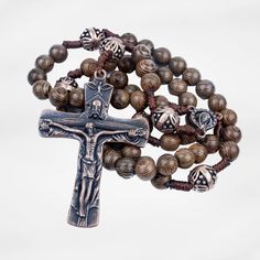 Our Father Wood Rosary Beads Necklace Large Antique Cross 20 Nazareth Store Vintage Cross Jewelry With 8mm Beads, Bronze Crucifix Necklace For Gift, Bronze Crucifix Necklace As Gift, Vintage Cross Necklaces With 8mm Beads, Vintage Cross Necklace With 8mm Beads, Bronze Crucifix Necklace For Spiritual Purposes, Spiritual Bronze Crucifix Necklace, Bronze Spiritual Necklace With Antique Finish, Spiritual Bronze Necklace With Antique Finish