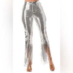 Sequin Fringe Hem Pants Chic Club Bottoms Full Length, Chic Full-length Bottoms For Club, High Waist Bottoms For Club And Party Season, Trendy Sequined Party Bottoms, High Waist Bottoms For Club Party, High Waist Bottoms For Party Season, Chic Club Bottoms For Party Season, High Waist Pants For Club And Spring Season, High-waisted Pants For Club And Spring