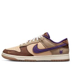 The Nike Dunk Low Premium 'Setsubun' is a stylish sneaker designed for adults. The silhouette features a combination of dark brown, light brown and purple, with the Swooshes, lining, tongue and outer heel embroidered with the word “Devil” in purple for contrast. The semi-transparent outsole features a white midsole with a space art piece from the late Edo period (1840s) by Utagawa Kuniyoshi. This sneaker is perfect for everyday wear, and its unique design will make you stand out from the crowd. The inspiration behind the design comes from the Setsubun festival, making this sneaker a must-have for anyone looking to add a touch of style to their wardrobe. (SNKR/Retro/Skate/Casual) Sporty Brown Basketball Shoes With Contrast Sole, Brown Basketball Shoes With Contrast Sole For Streetwear, Nike Brown Basketball Shoes For Streetwear, Brown Basketball Shoes With Contrast Sole, Brown Skate Shoes With Contrast Sole For Streetwear, Sporty Brown Skate Shoes With Rubber Sole, Brown Low-top Basketball Shoes With Rubber Sole, Brown Sporty Basketball Shoes With Gum Sole, Brown Skate Shoes With Contrast Sole For Sports