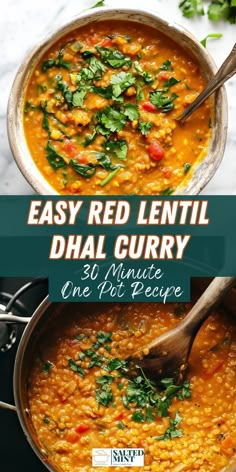 easy red lentil dhal curry in a pan with a wooden spoon on the side